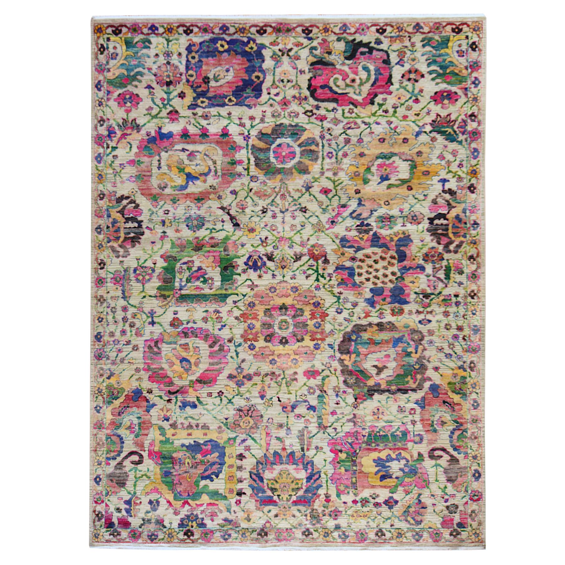 Bone White, Colorful Sulatanabad Re-Invented with Large Flower Design, Hand Knotted, Sari Silk, Oriental Rug